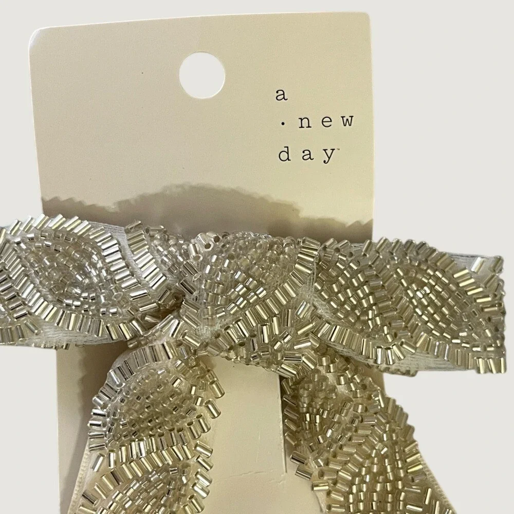 A New Day Silver Beaded Ivory Ribbon Hair Clip And Twister Scarf Set NWT